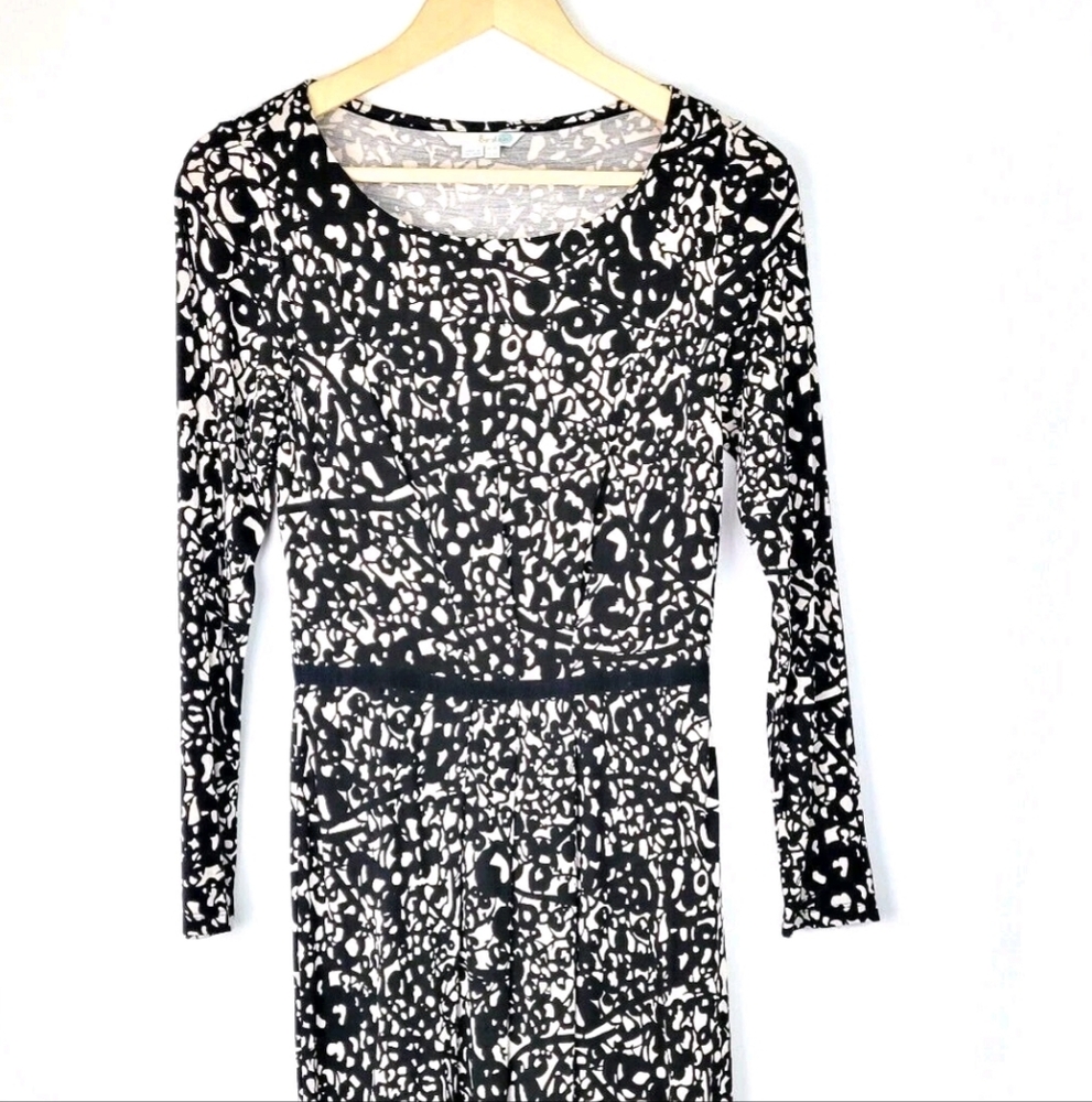 Boden Long Sleeve A-Line Black Cream Midi Dress Side Zip Womens Size 10R